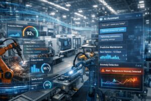 AI-powered quality intelligence interface overlaying a modern manufacturing production line.